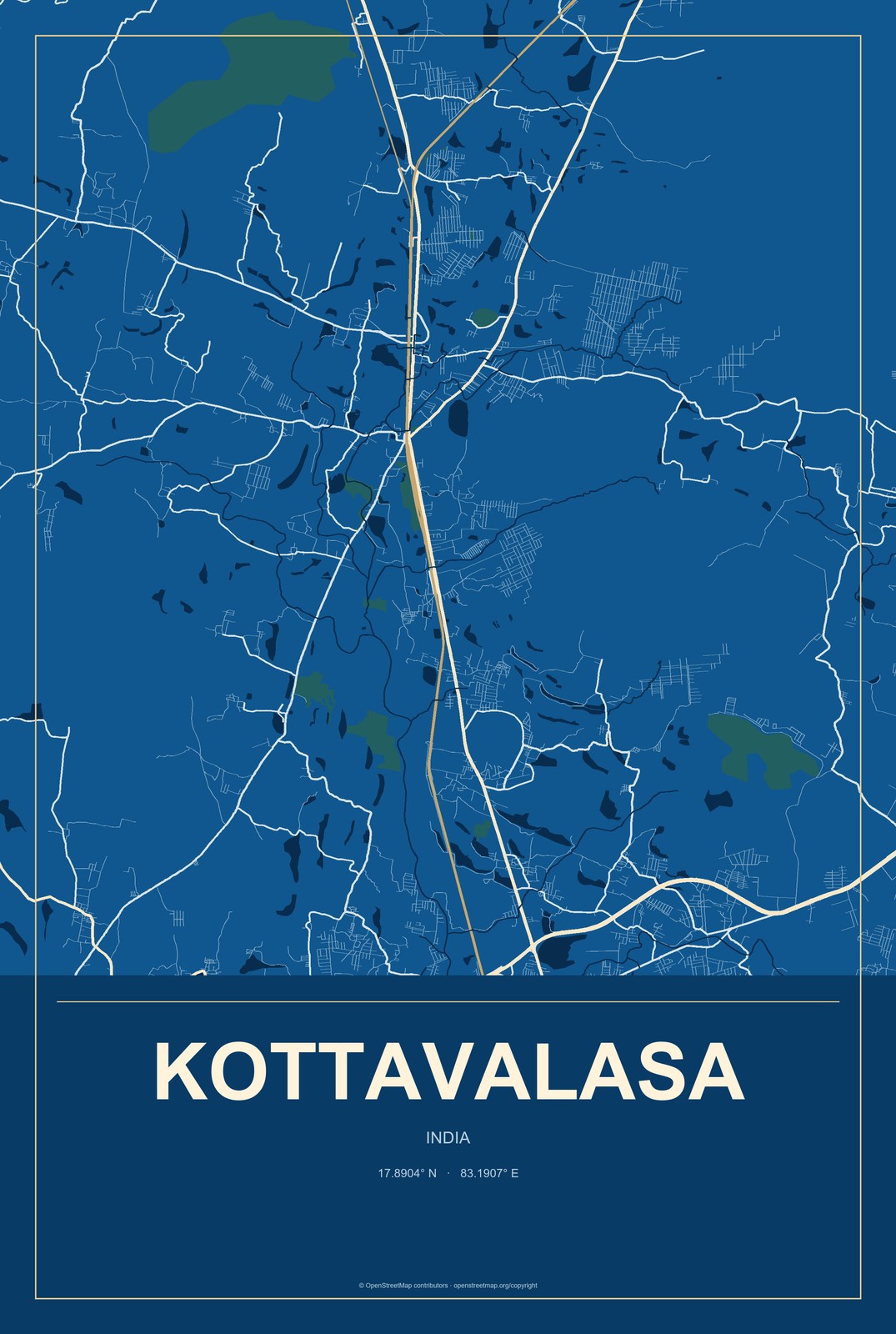 Kottavalasa, India City Map Aluminum Sign in Harbor Cobalt style