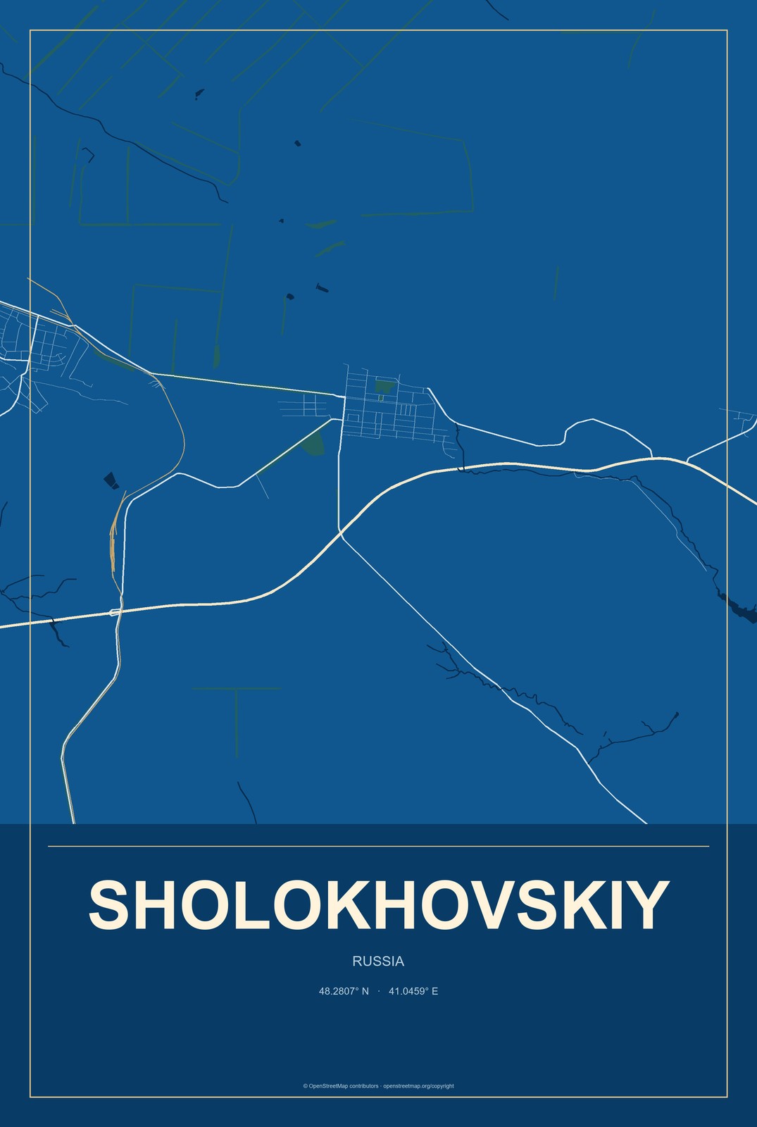 Sholokhovskiy, Russia City Map Aluminum Sign in Harbor Cobalt style