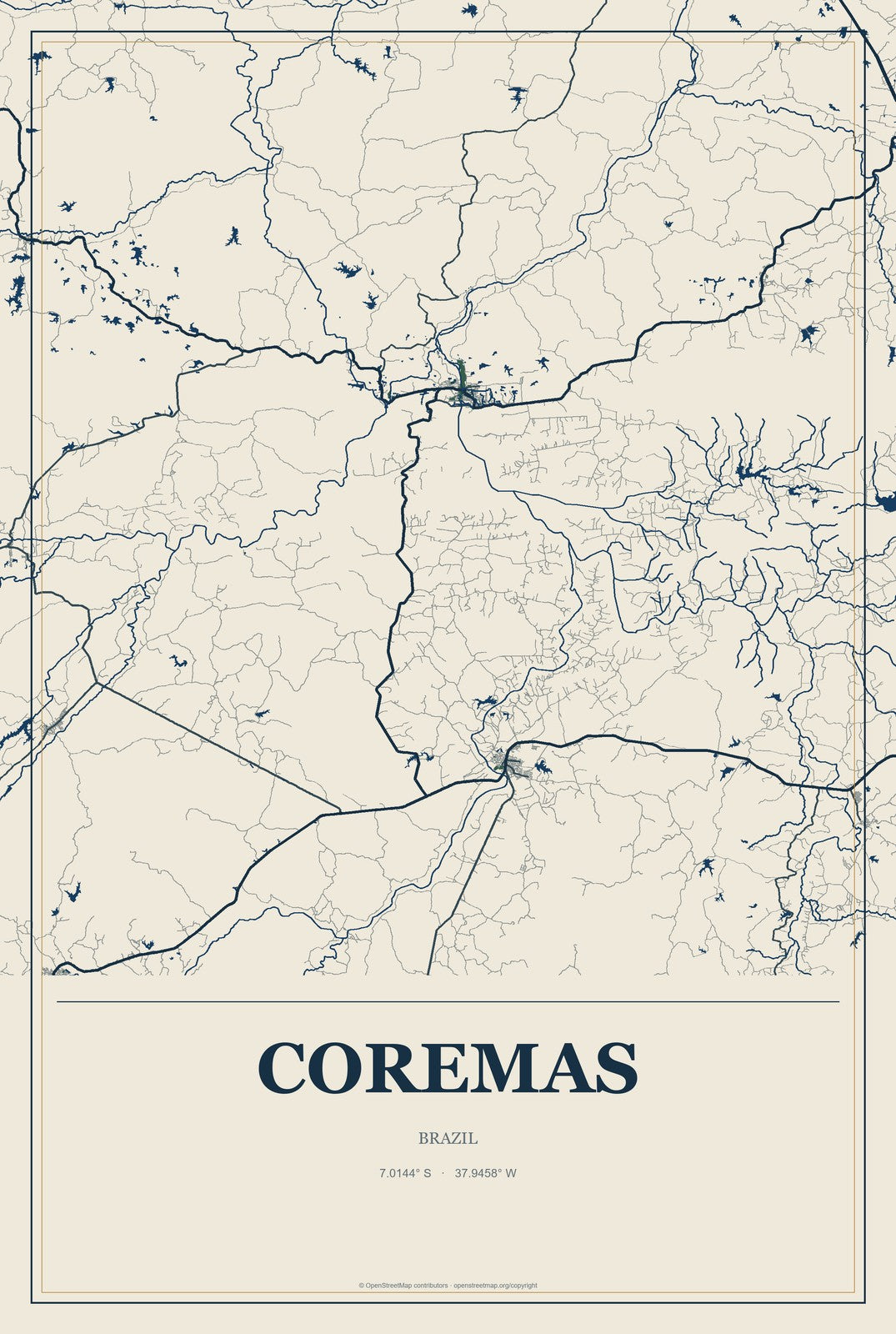 Coremas, Brazil City Map Aluminum Sign in Coastal Cutout style
