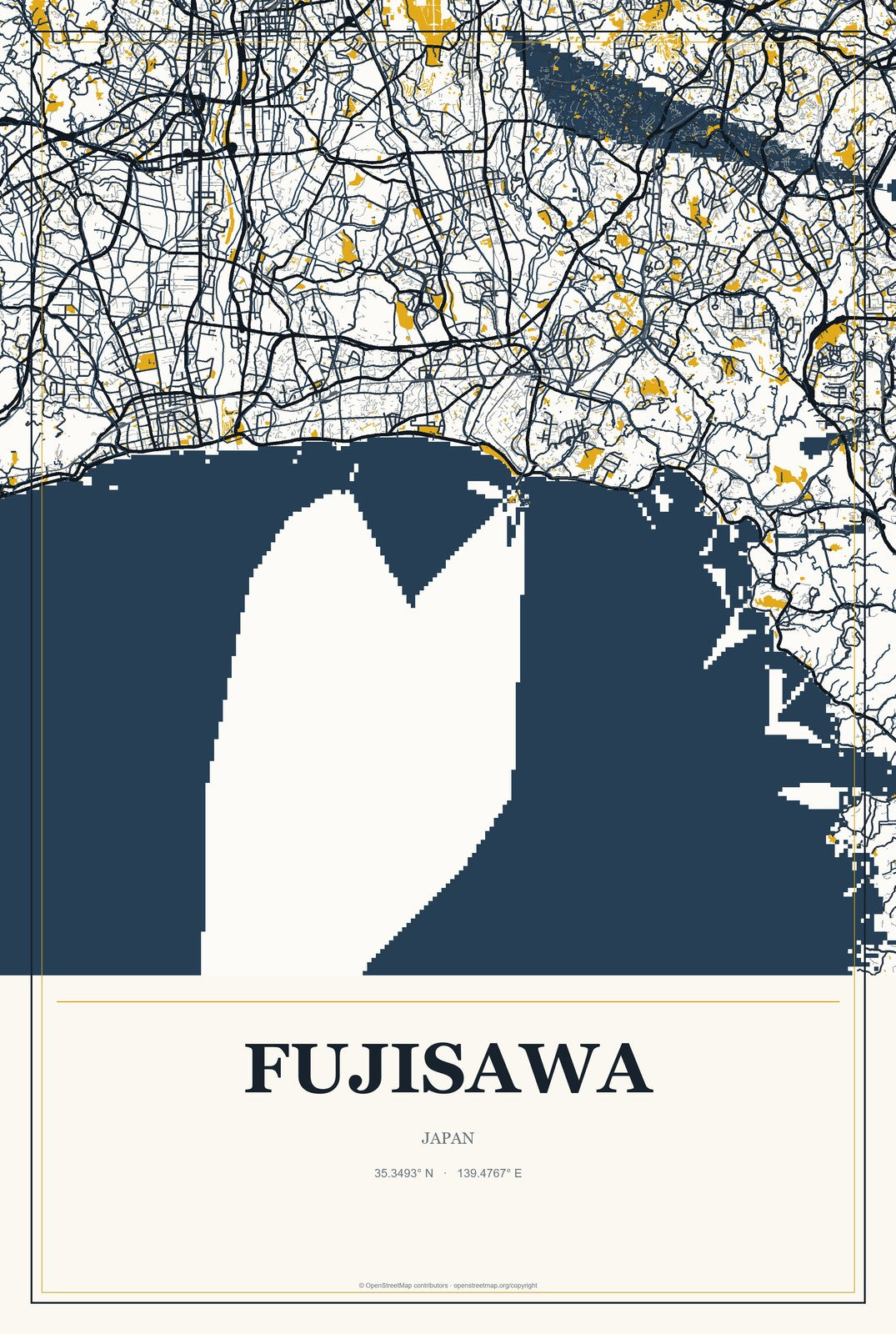 Fujisawa, Japan City Map Aluminum Sign in Citrine Modern style
