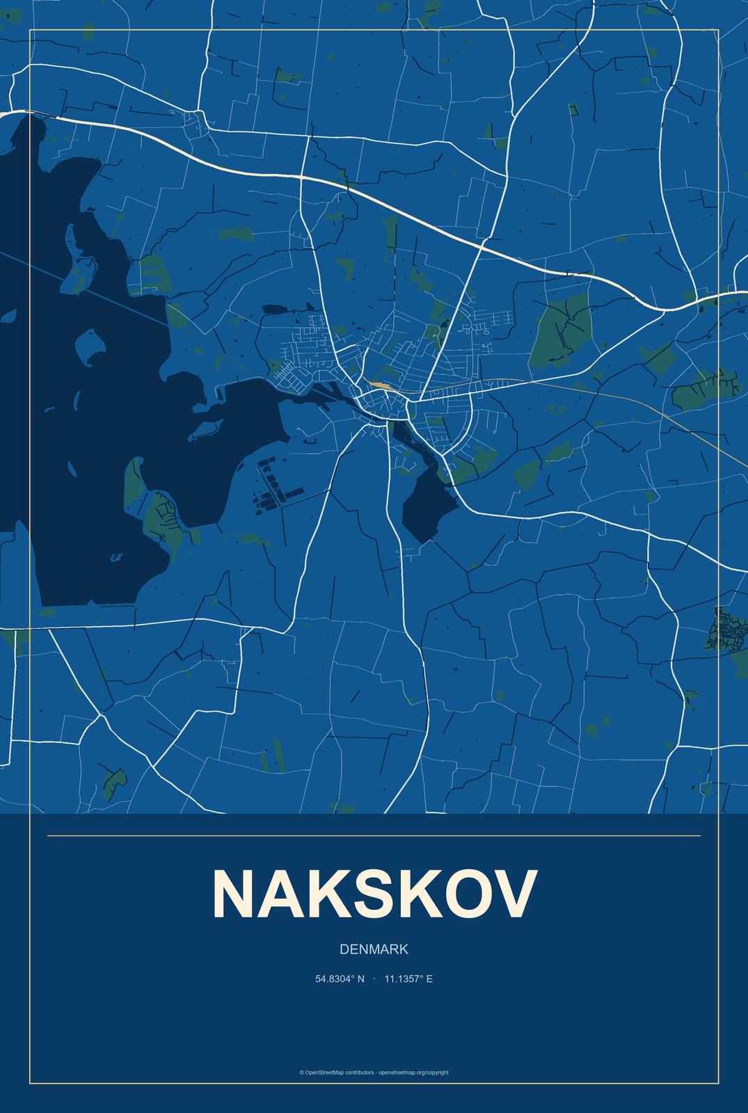 Nakskov, Denmark City Map Aluminum Sign in Harbor Cobalt style