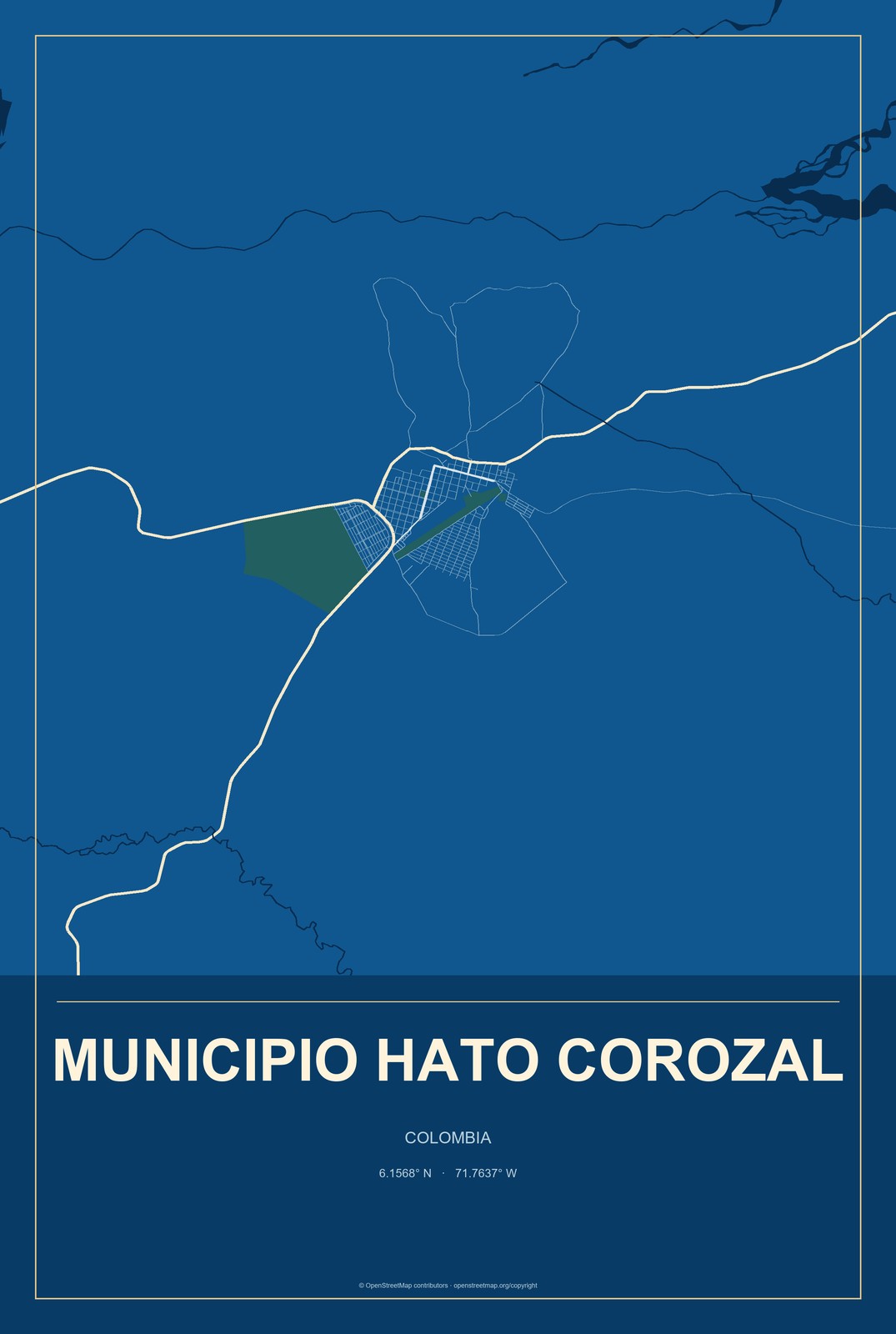 Municipio Hato Corozal, Colombia City Map Aluminum Sign in Harbor Cobalt style