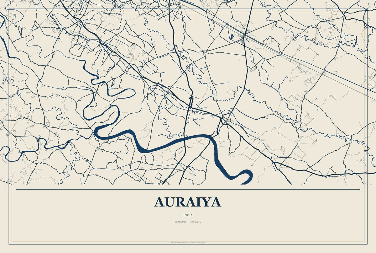 Auraiya, India City Map Aluminum Sign in Coastal Cutout style