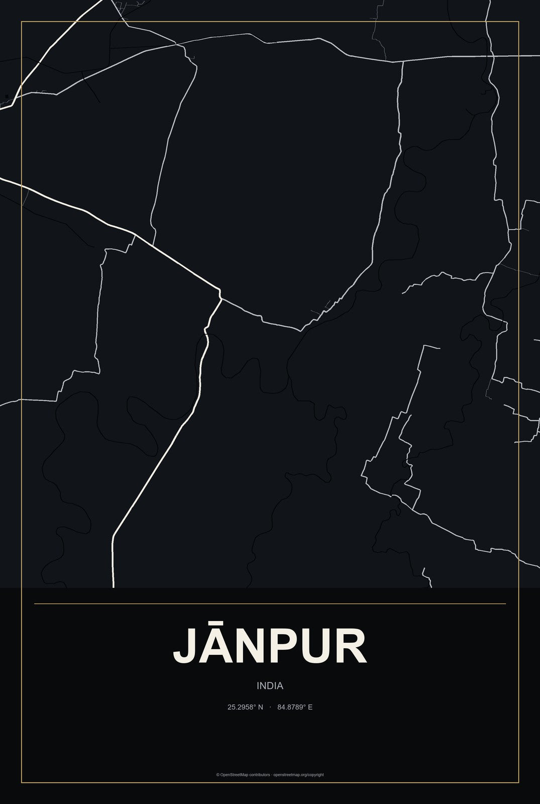 Jānpur, India City Map Aluminum Sign in Metropolitan Noir style