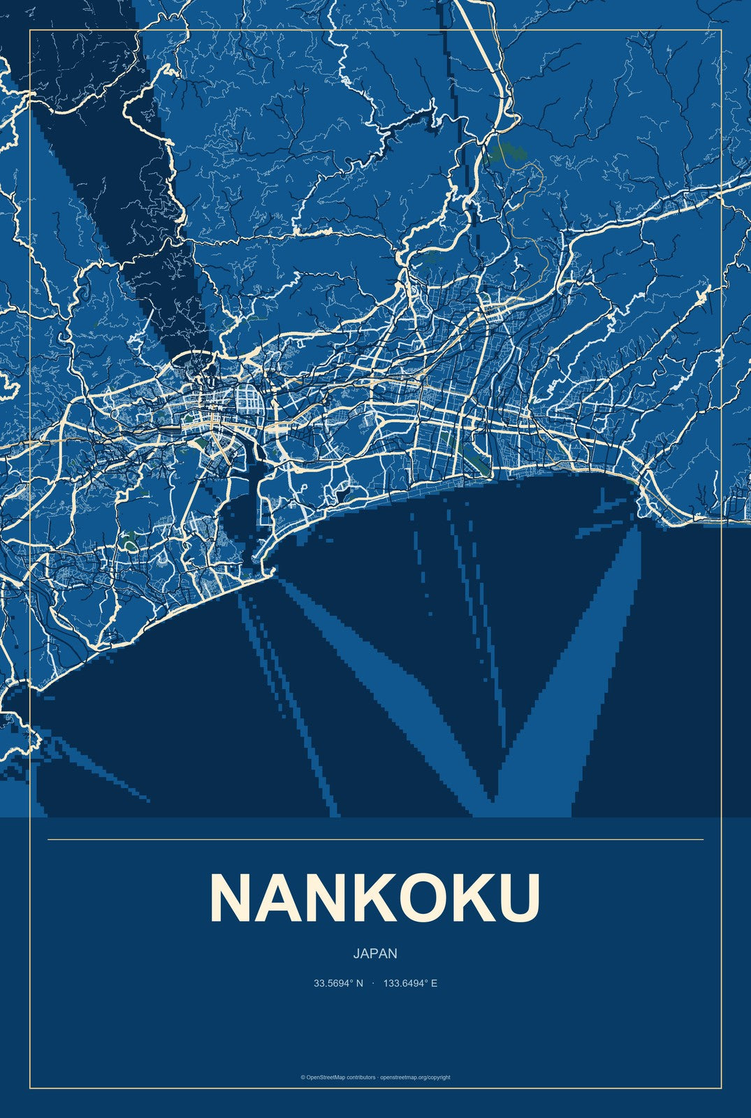 Nankoku, Japan City Map Aluminum Sign in Harbor Cobalt style