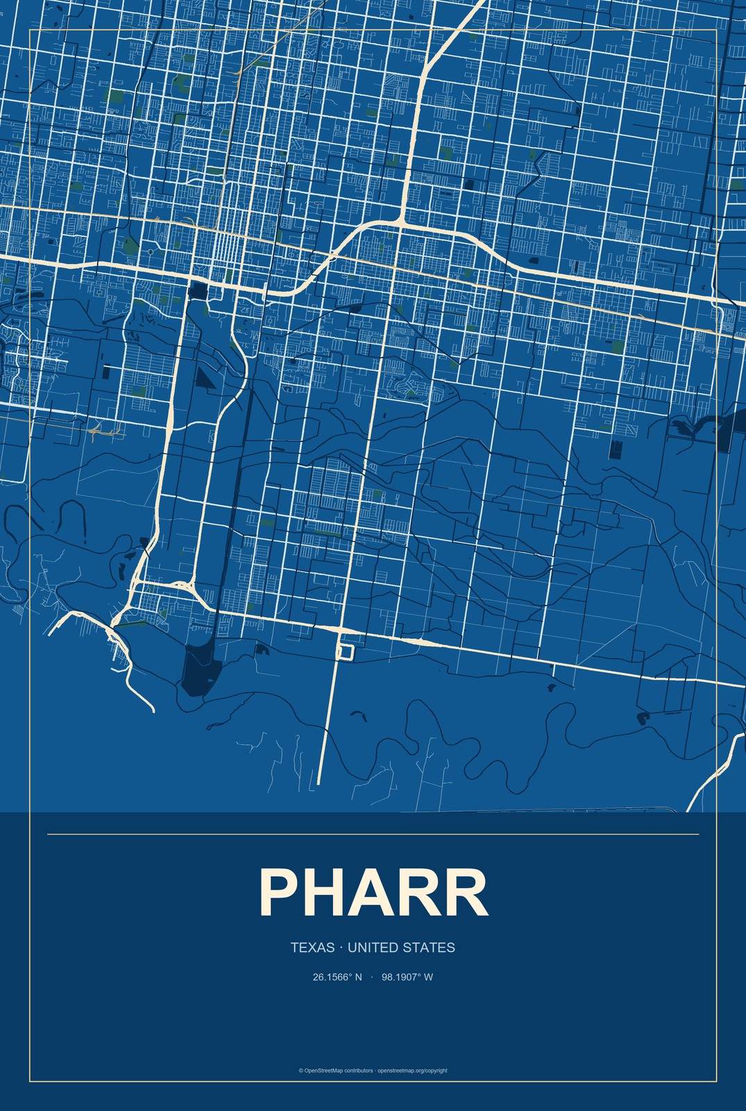 Pharr, Texas City Map Aluminum Sign in Harbor Cobalt style