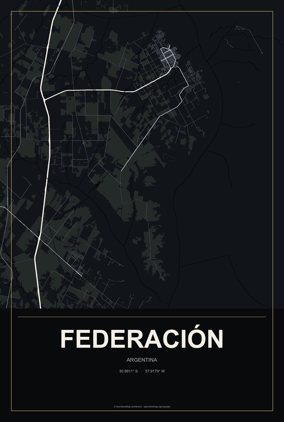 Federación, Argentina City Map Aluminum Sign in Metropolitan Noir style