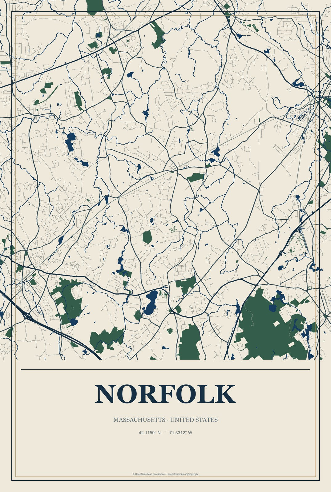 Norfolk, Massachusetts City Map Aluminum Sign in Coastal Cutout style