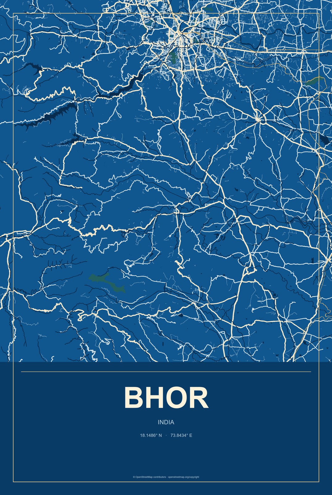Bhor, India City Map Aluminum Sign in Harbor Cobalt style