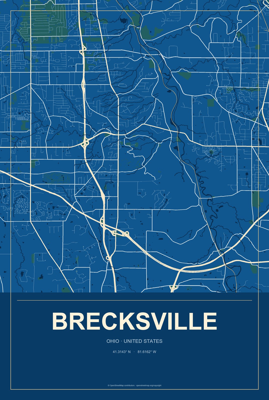 Brecksville, Ohio City Map Aluminum Sign in Harbor Cobalt style