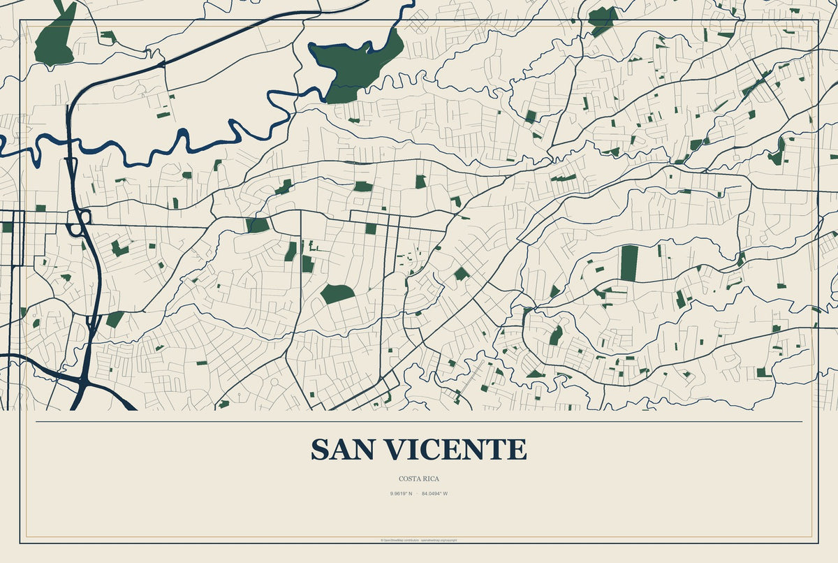 San Vicente, Costa Rica City Map Aluminum Sign in Coastal Cutout style