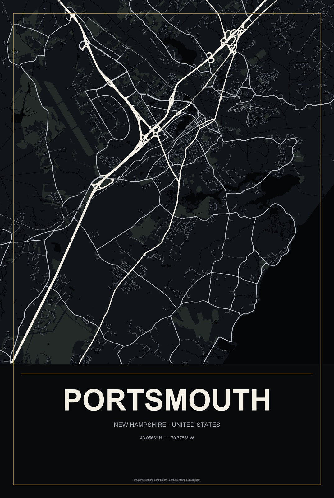 Portsmouth, New Hampshire City Map Aluminum Sign in Metropolitan Noir style