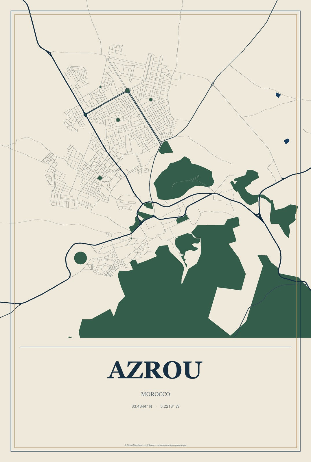 Azrou, Morocco City Map Aluminum Sign in Coastal Cutout style
