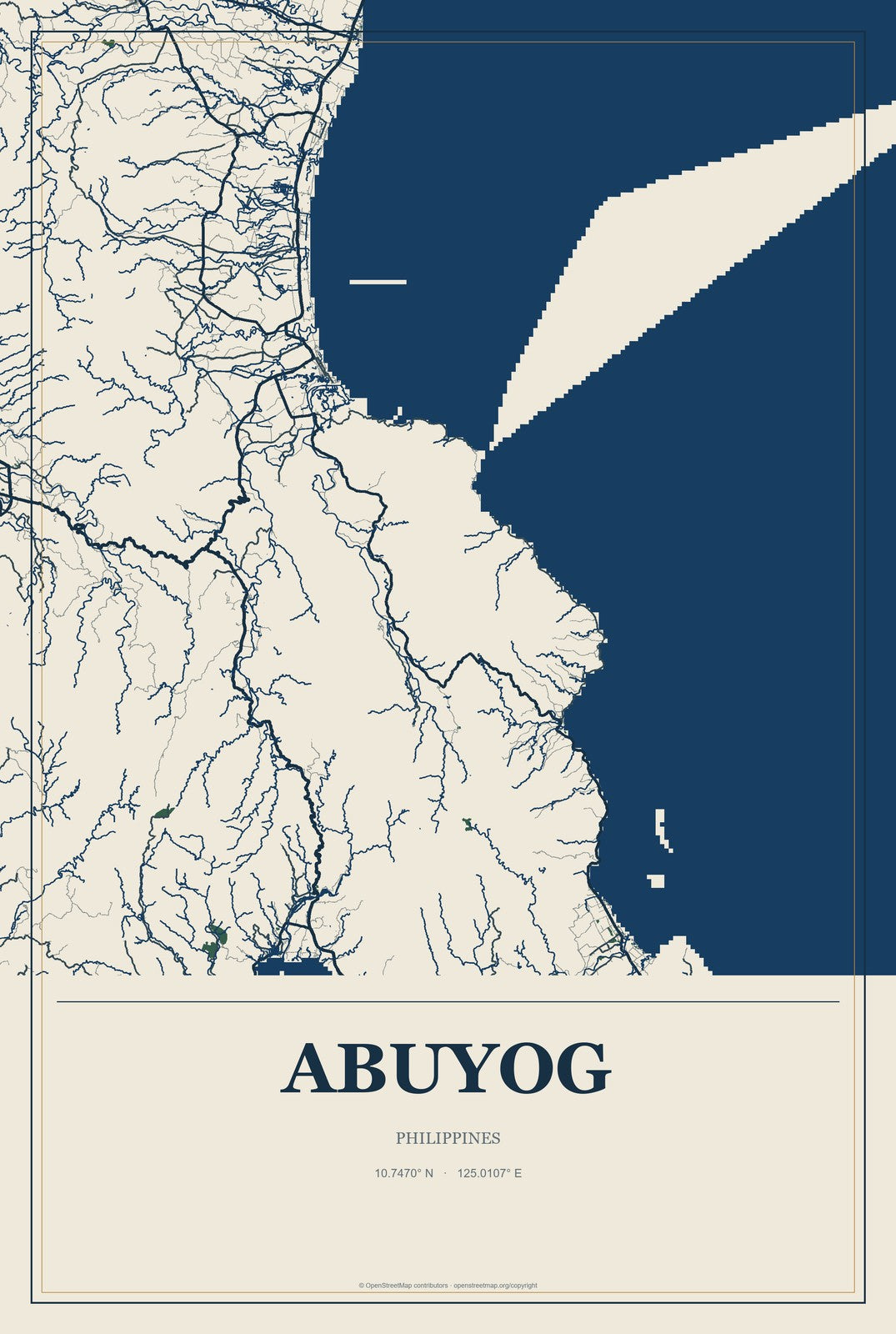 Abuyog, Philippines City Map Aluminum Sign in Coastal Cutout style