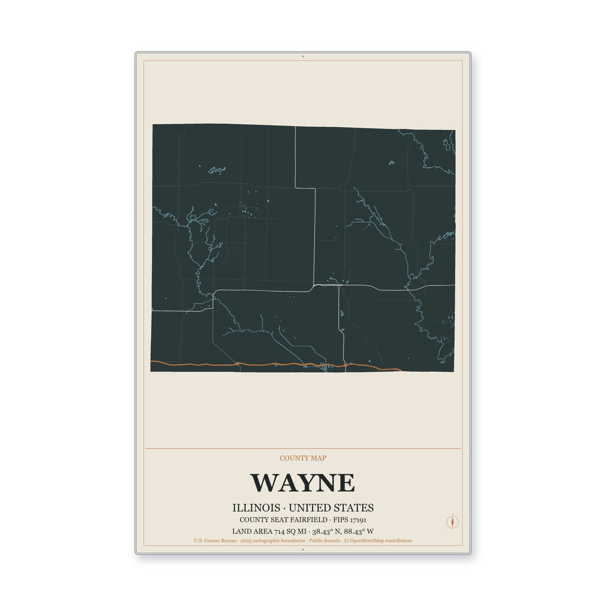 Wayne County, Illinois Map Aluminum Sign in Headline Atlas style