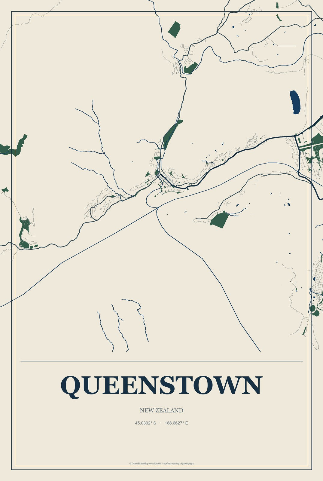 Queenstown, New Zealand City Map Aluminum Sign in Coastal Cutout style