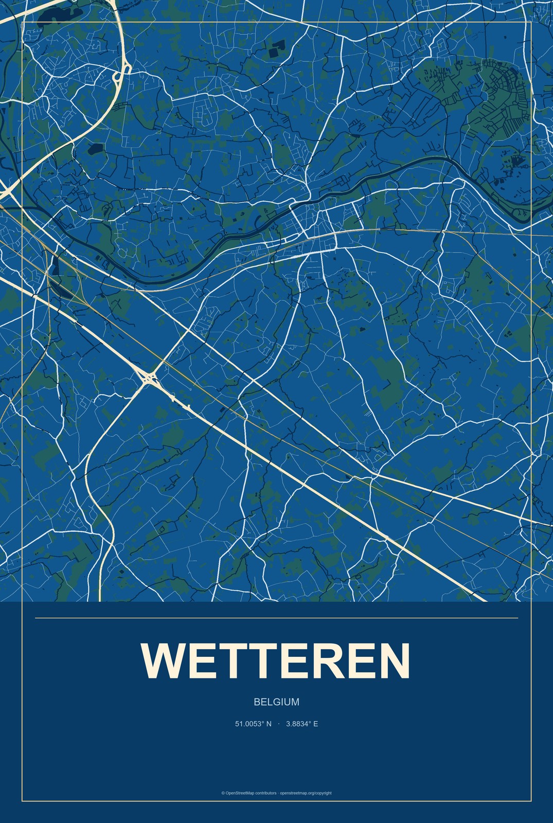 Wetteren, Belgium City Map Aluminum Sign in Harbor Cobalt style