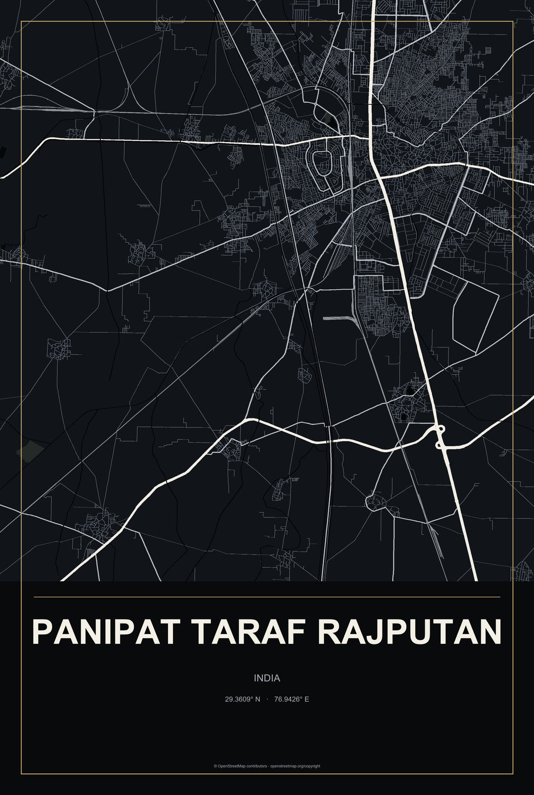 Panipat Taraf Rajputan, India City Map Aluminum Sign in Metropolitan Noir style