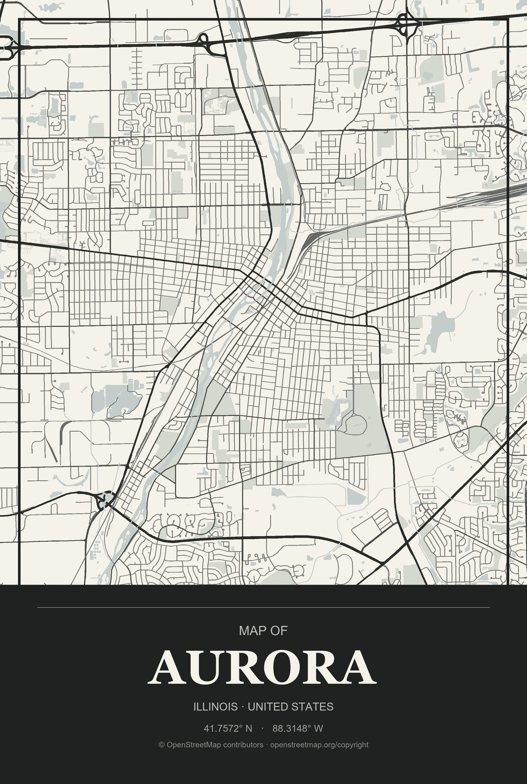 Aurora, Illinois City Map Aluminum Sign in Museum Plaque style