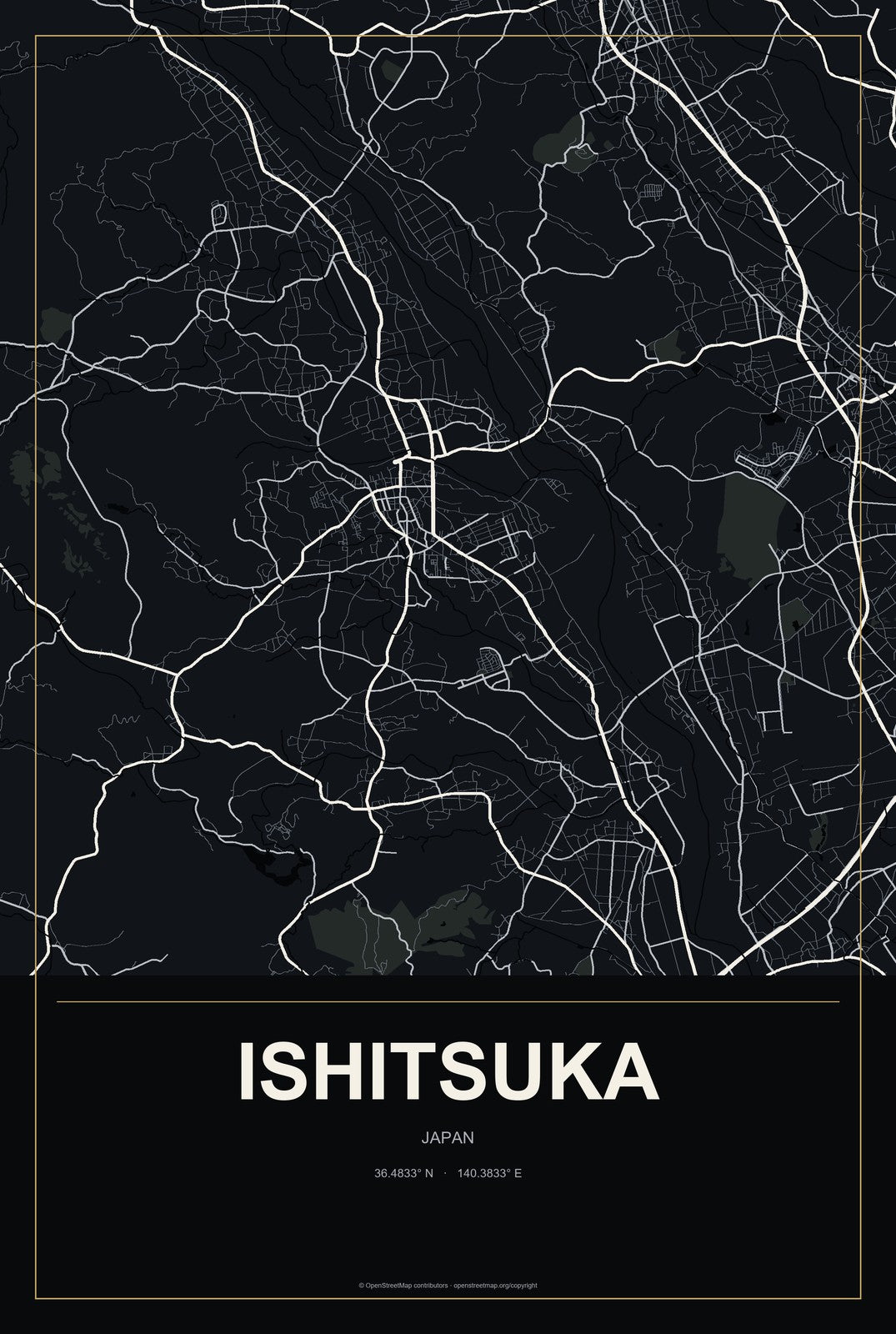 Ishitsuka, Japan City Map Aluminum Sign in Metropolitan Noir style