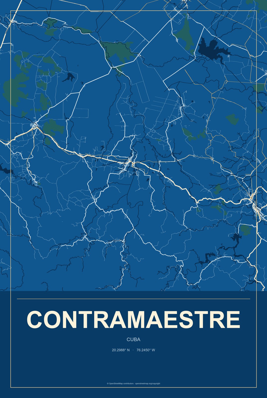 Contramaestre, Cuba City Map Aluminum Sign in Harbor Cobalt style