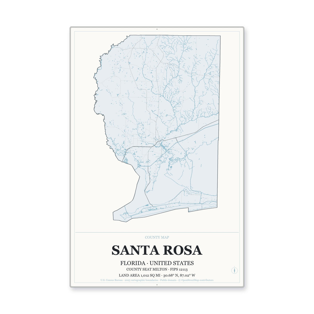Santa Rosa County, Florida Map Aluminum Sign in Gallery Air style