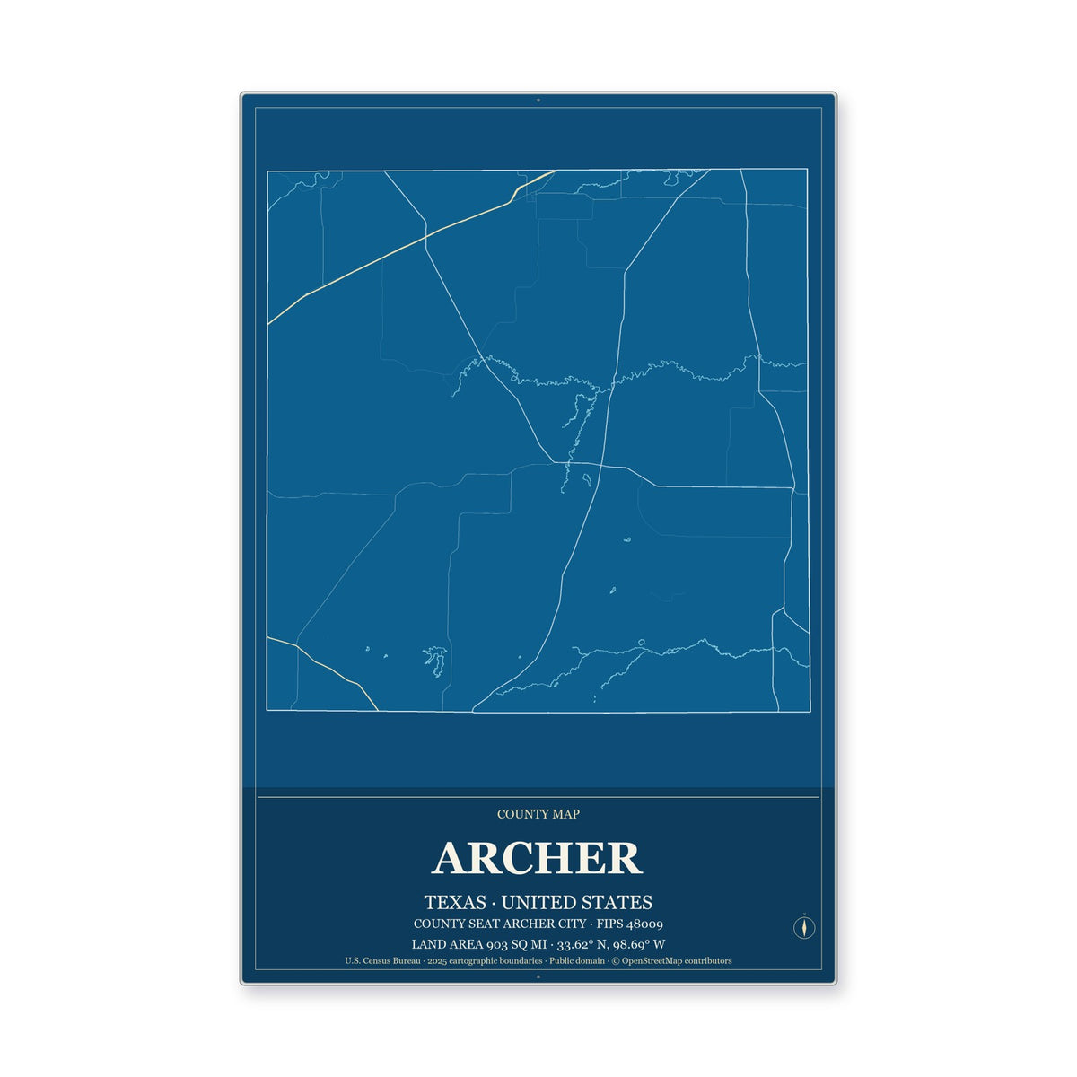 Archer County, Texas Map Aluminum Sign in Harbor Cobalt style