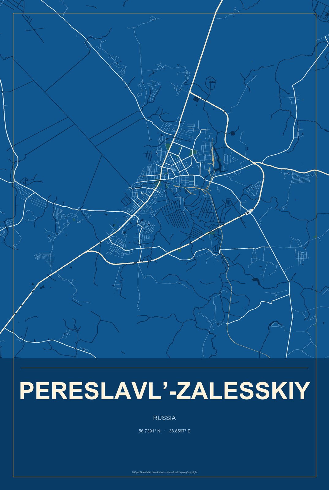 Pereslavl’-Zalesskiy, Russia City Map Aluminum Sign in Harbor Cobalt style