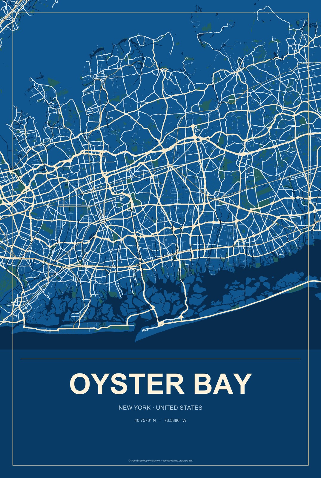 Oyster Bay, New York City Map Aluminum Sign in Harbor Cobalt style