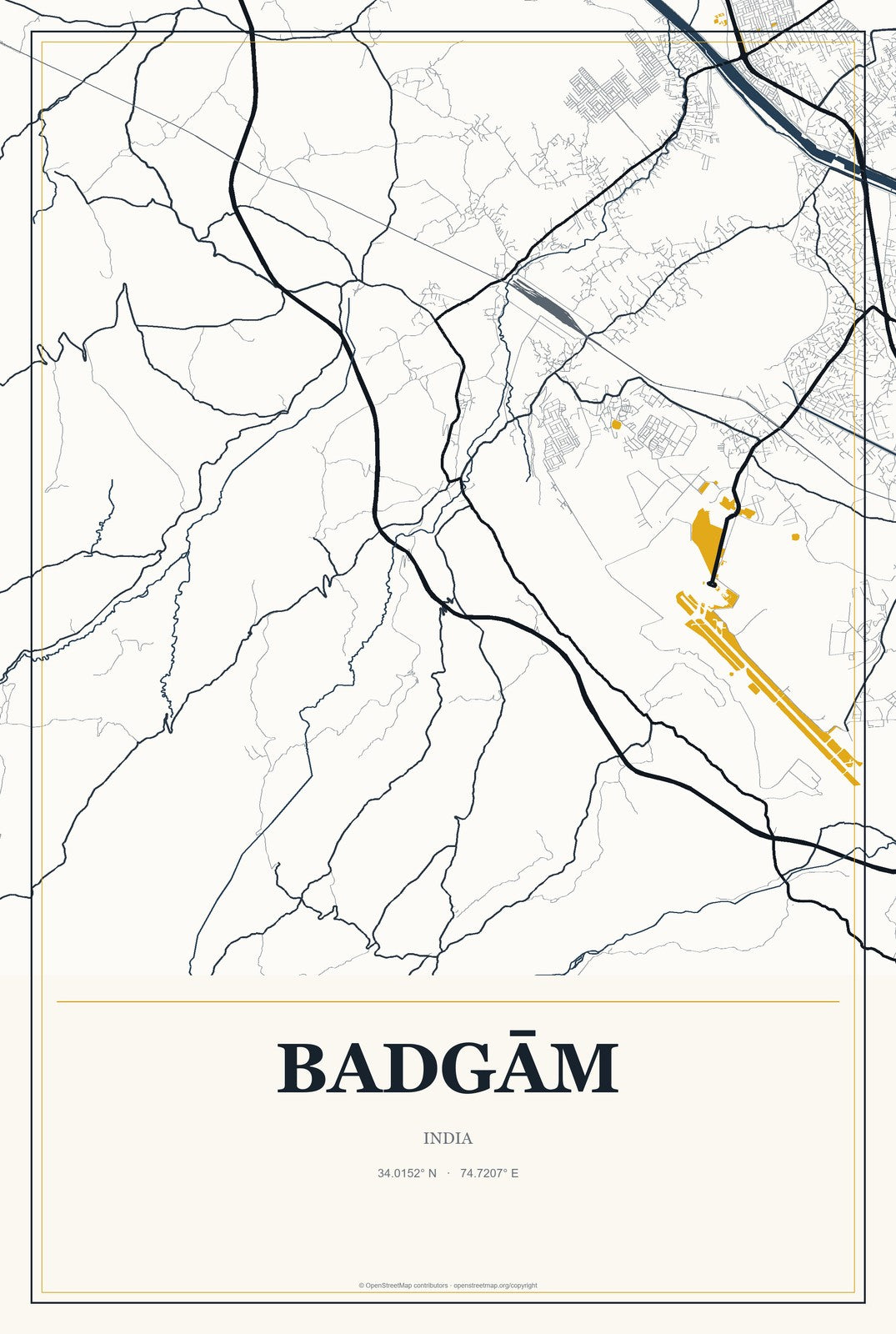 Badgām, India City Map Aluminum Sign in Citrine Modern style