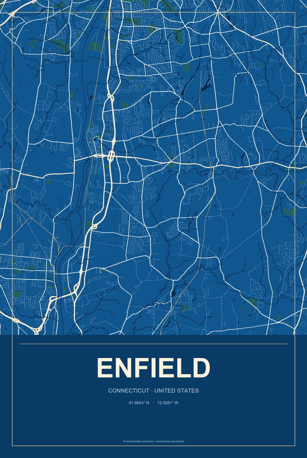 Enfield, Connecticut City Map Aluminum Sign in Harbor Cobalt style