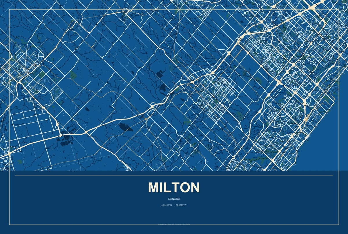 Milton, Canada City Map Aluminum Sign in Harbor Cobalt style