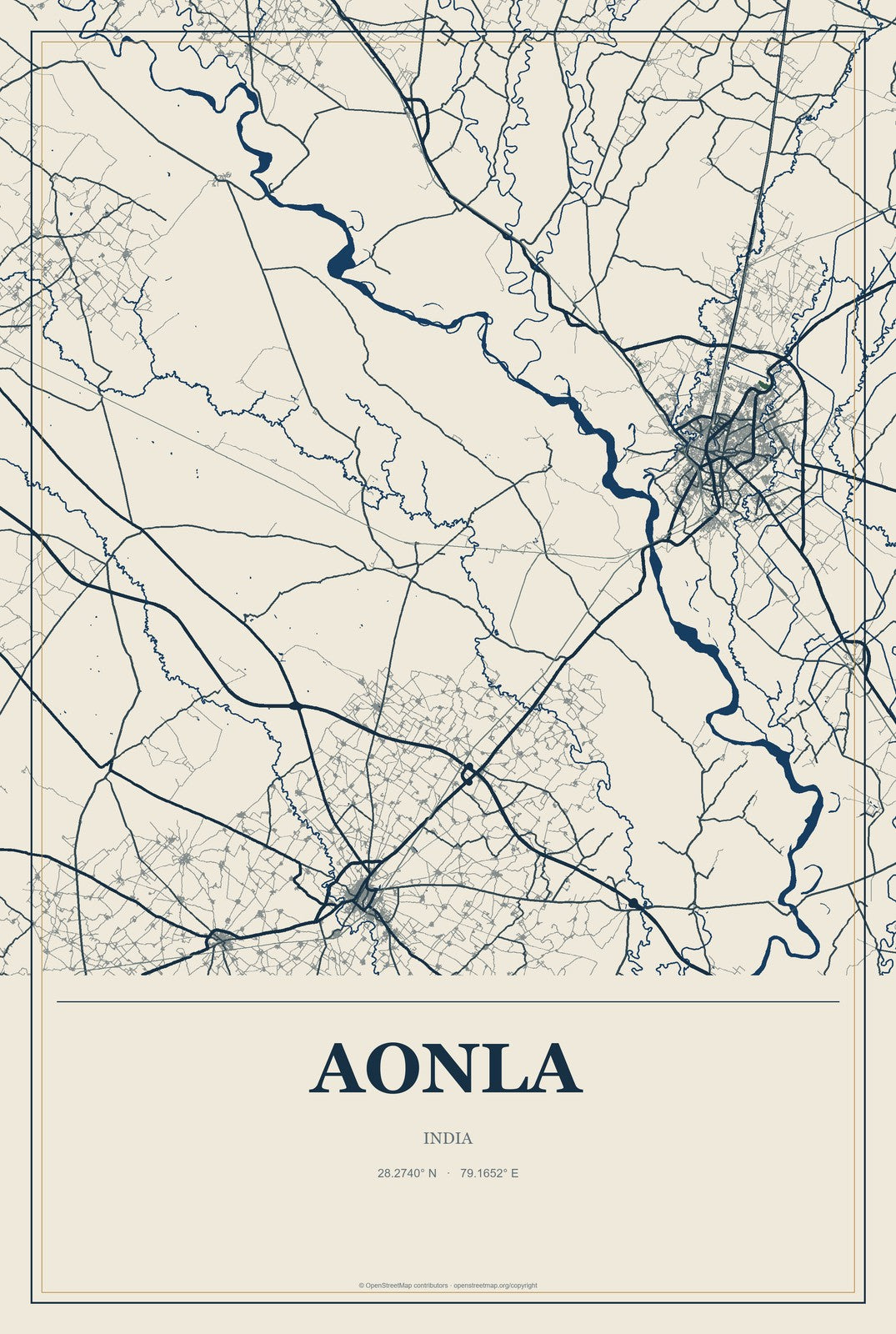 Aonla, India City Map Aluminum Sign in Coastal Cutout style