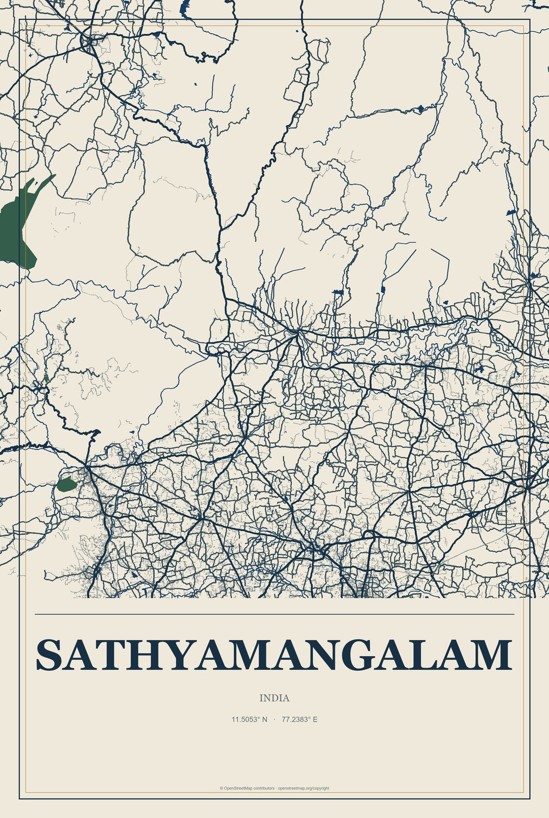 Sathyamangalam, India City Map Aluminum Sign in Coastal Cutout style