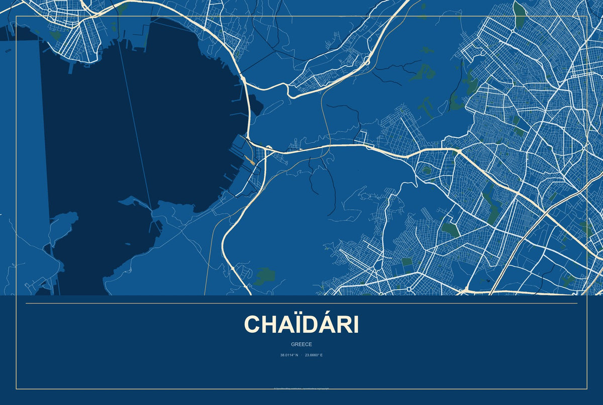 Chaïdári, Greece City Map Aluminum Sign in Harbor Cobalt style