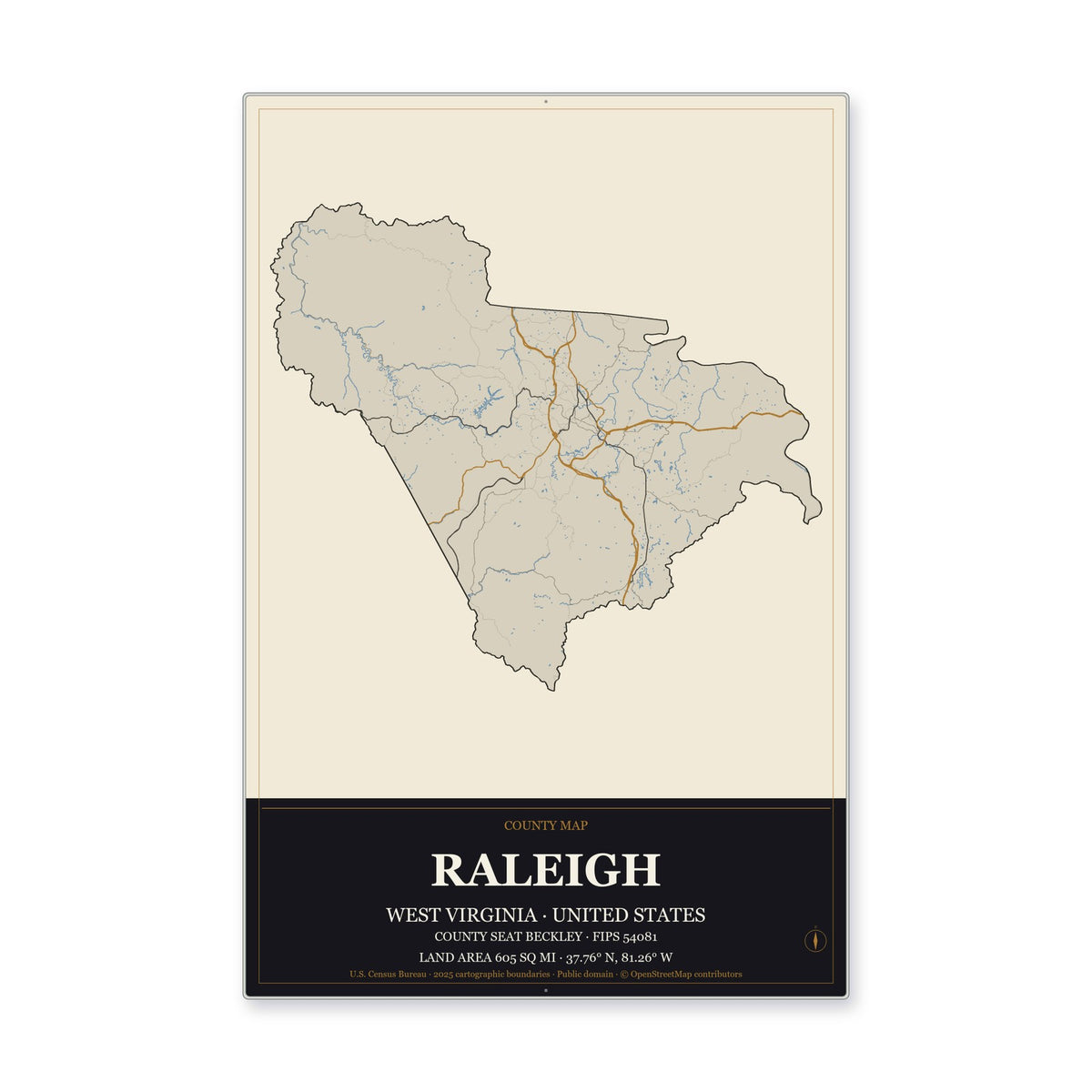 Raleigh County, West Virginia Map Aluminum Sign in Museum Plaque style