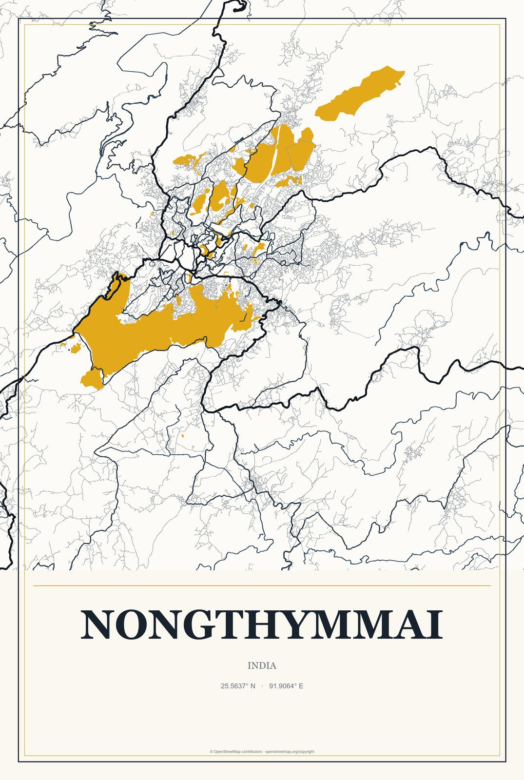 Nongthymmai, India City Map Aluminum Sign in Citrine Modern style