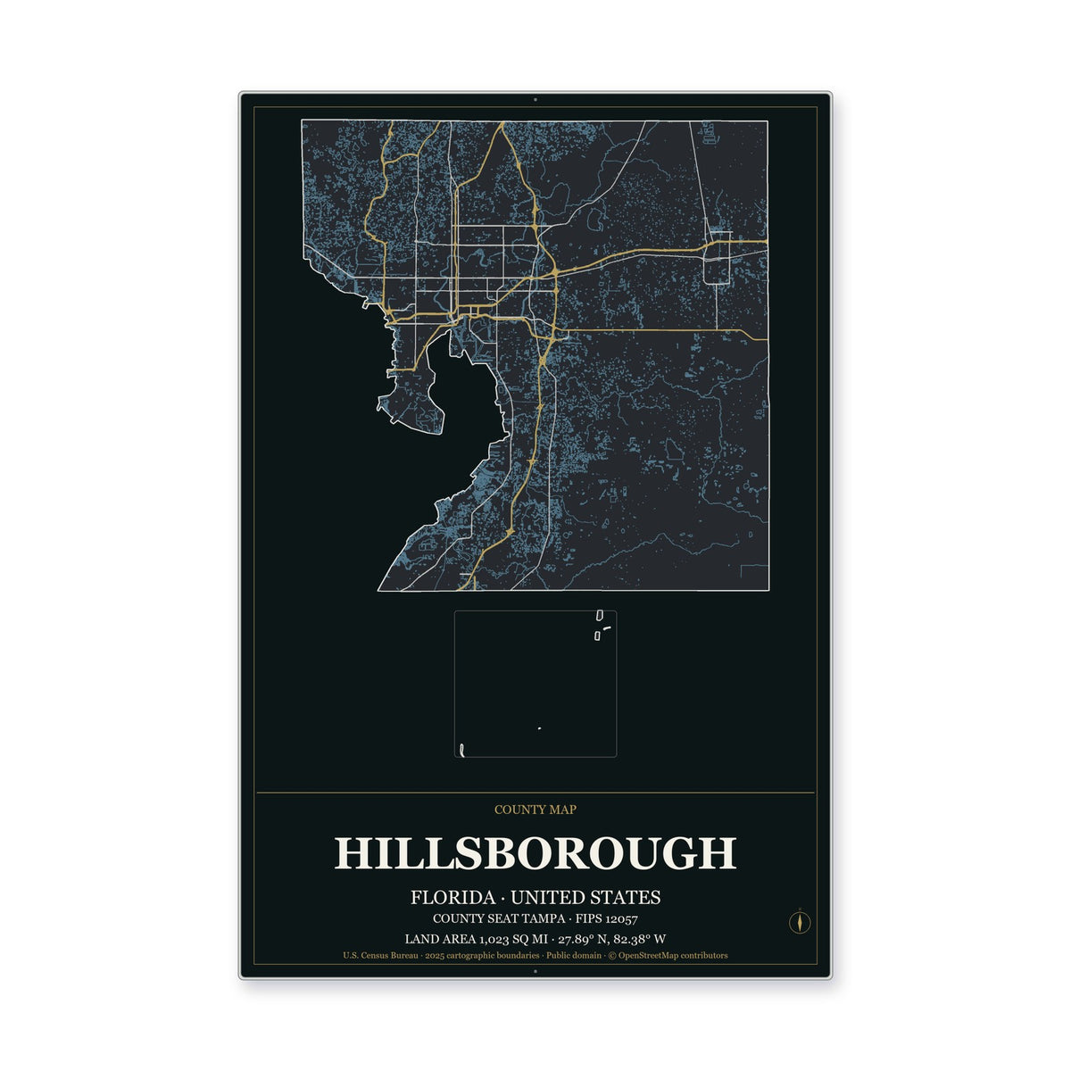 Hillsborough County, Florida Map Aluminum Sign in Metropolitan Noir style