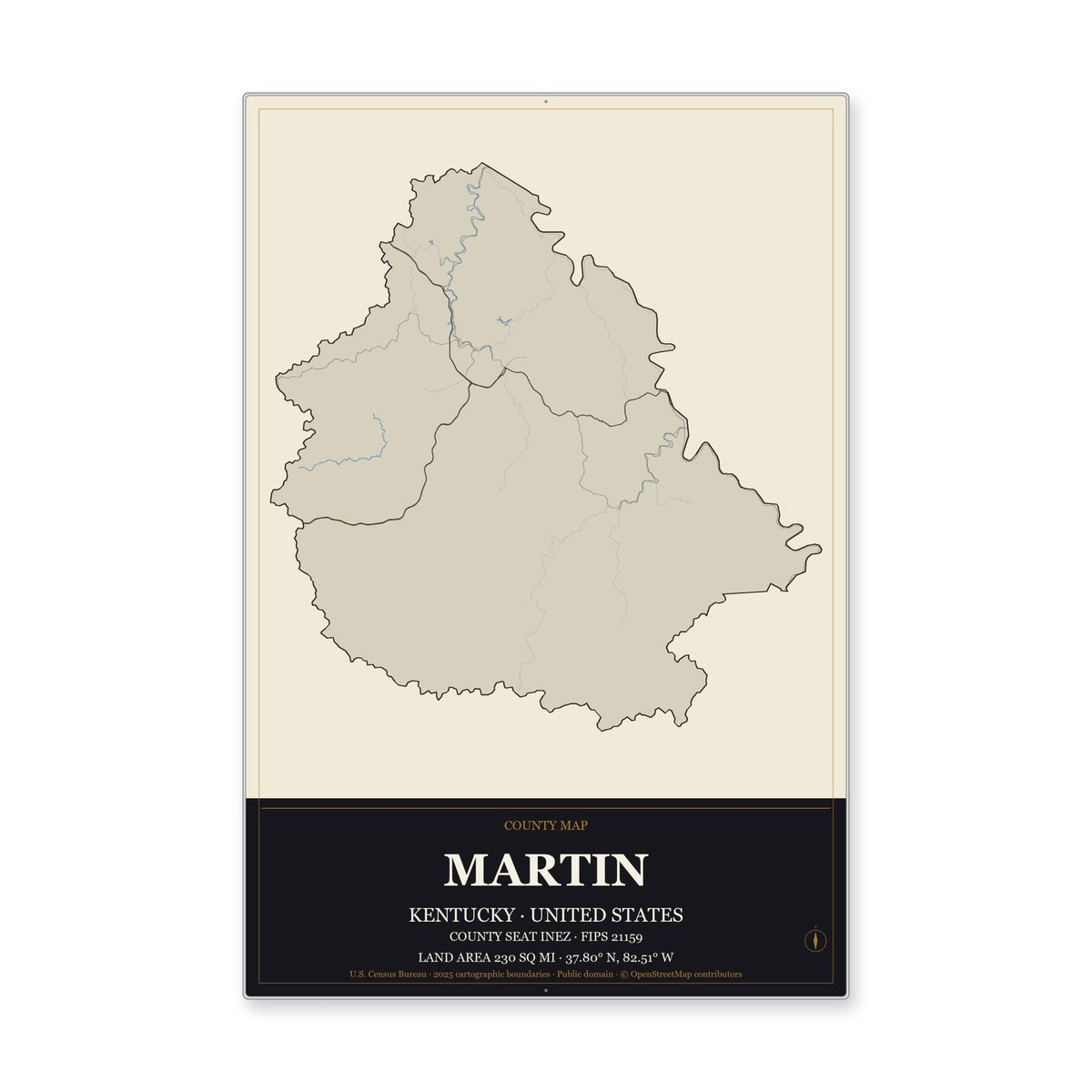 Martin County, Kentucky Map Aluminum Sign in Museum Plaque style