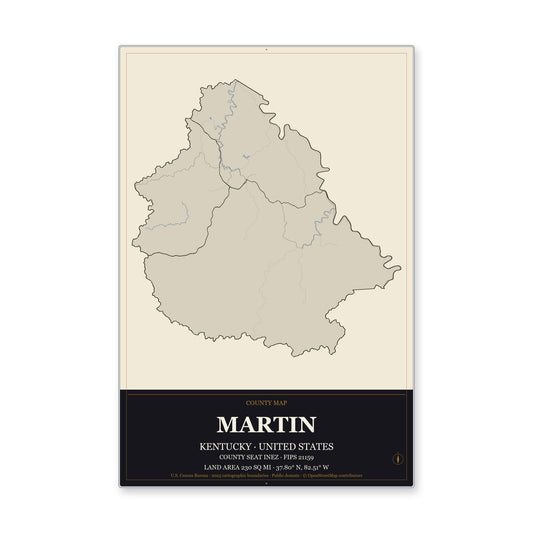 Martin County, Kentucky Map Aluminum Sign in Museum Plaque style