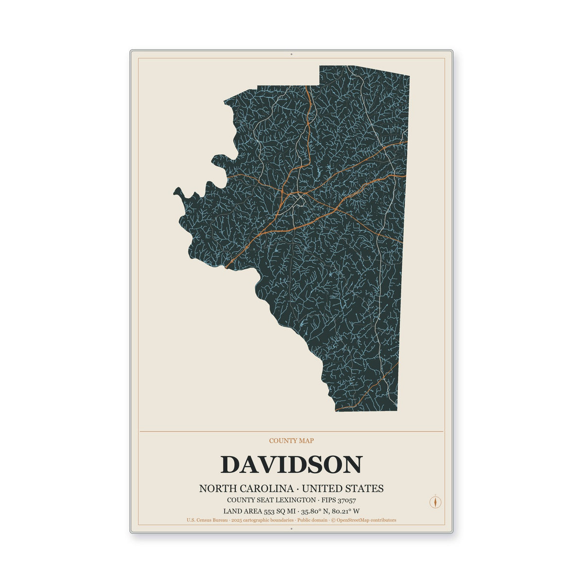 Davidson County, North Carolina Map Aluminum Sign in Headline Atlas style