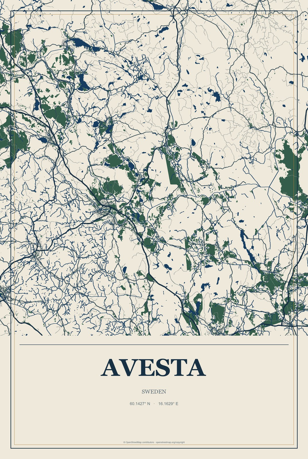 Avesta, Sweden City Map Aluminum Sign in Coastal Cutout style