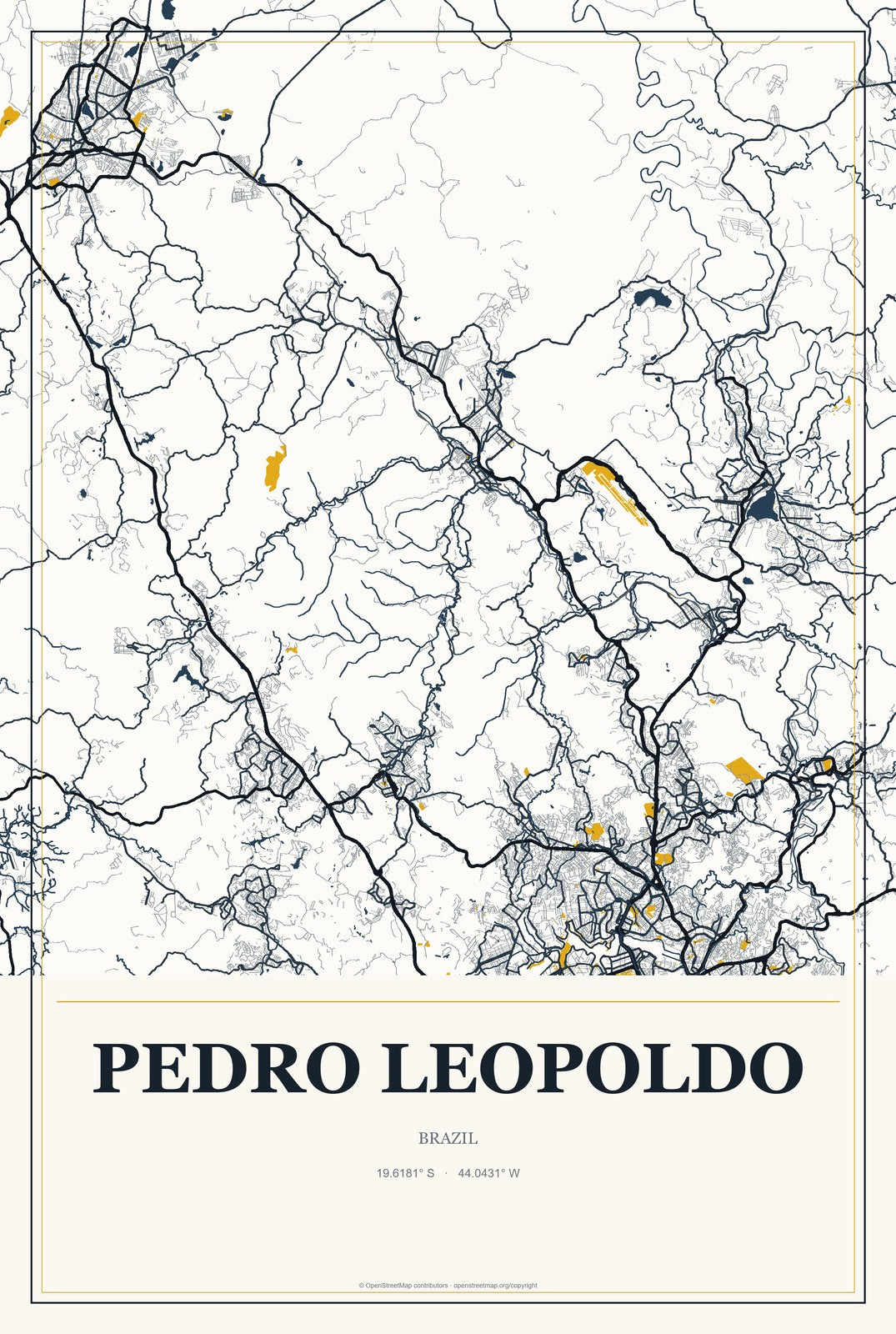 Pedro Leopoldo, Brazil City Map Aluminum Sign in Citrine Modern style