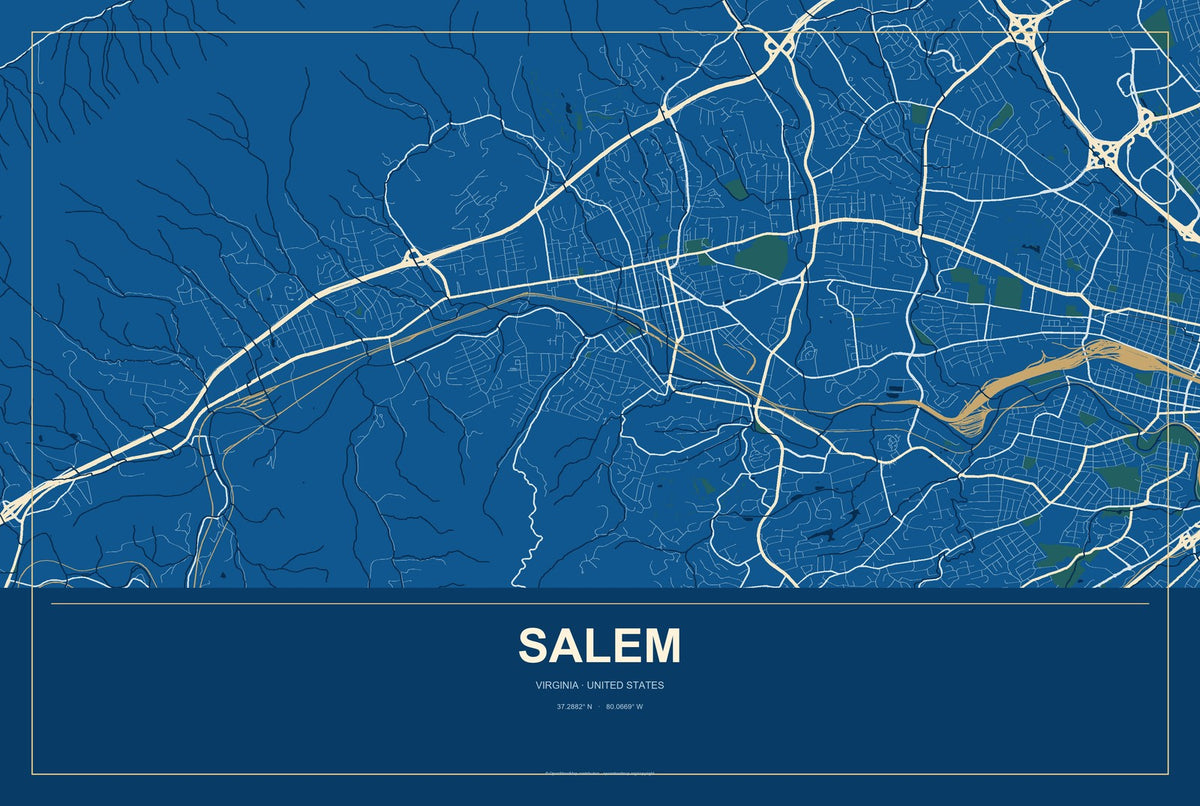 Salem, Virginia City Map Aluminum Sign in Harbor Cobalt style