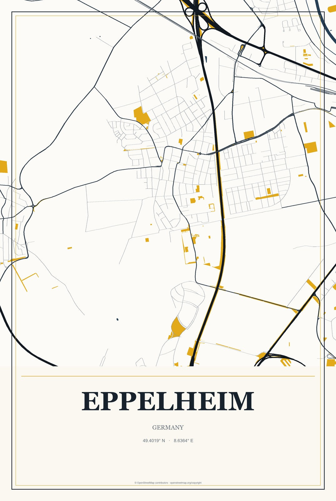 Eppelheim, Germany City Map Aluminum Sign in Citrine Modern style