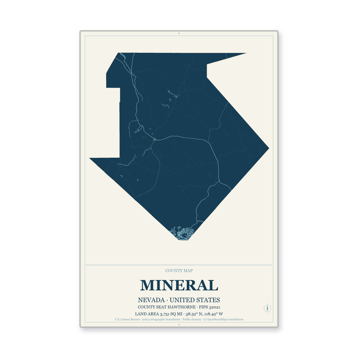 Mineral County, Nevada Map Aluminum Sign in Coastal Cutout style