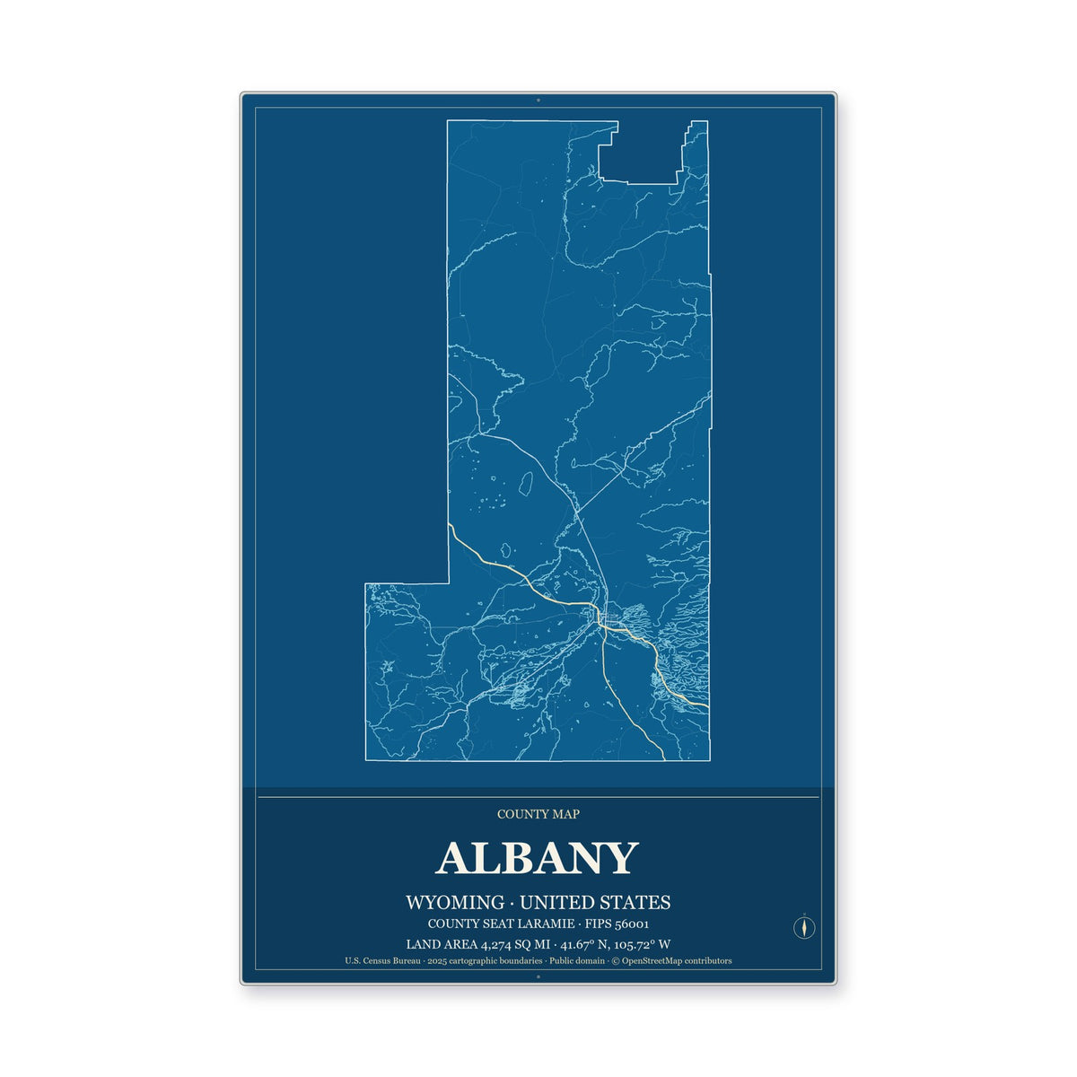 Albany County, Wyoming Map Aluminum Sign in Harbor Cobalt style