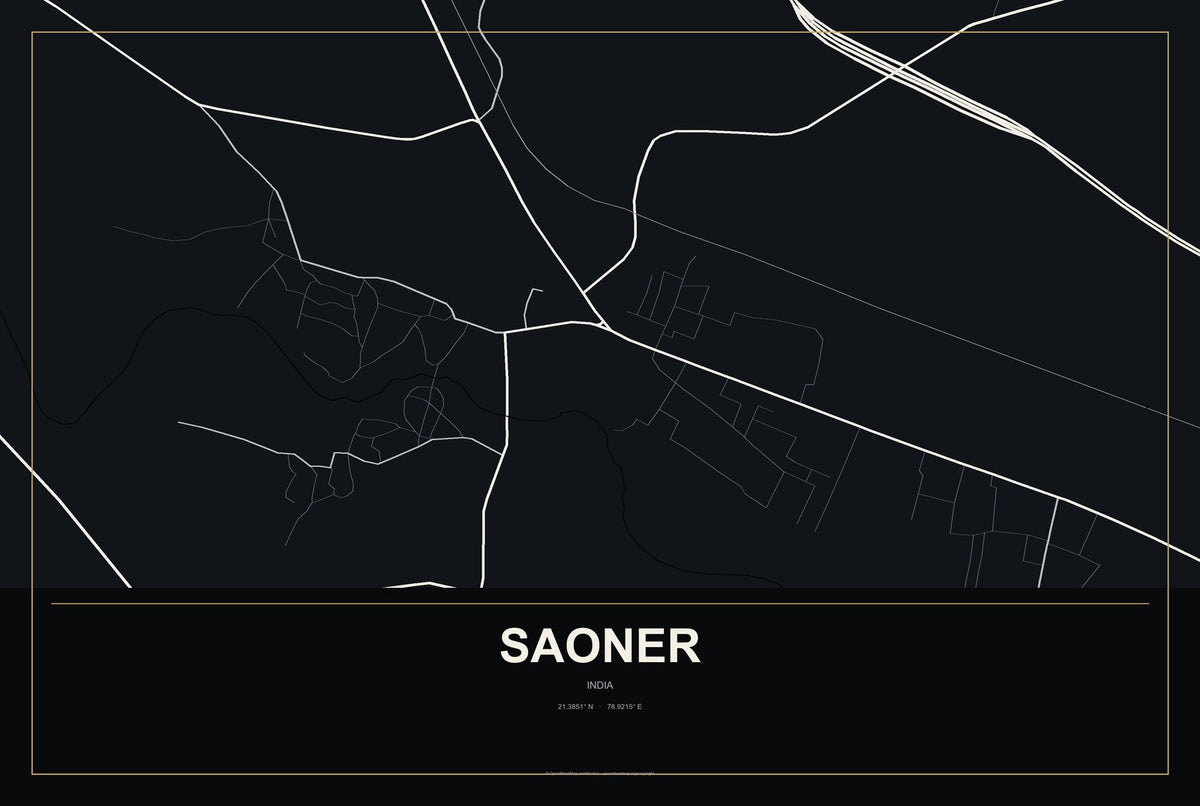 Saoner, India City Map Aluminum Sign in Metropolitan Noir style