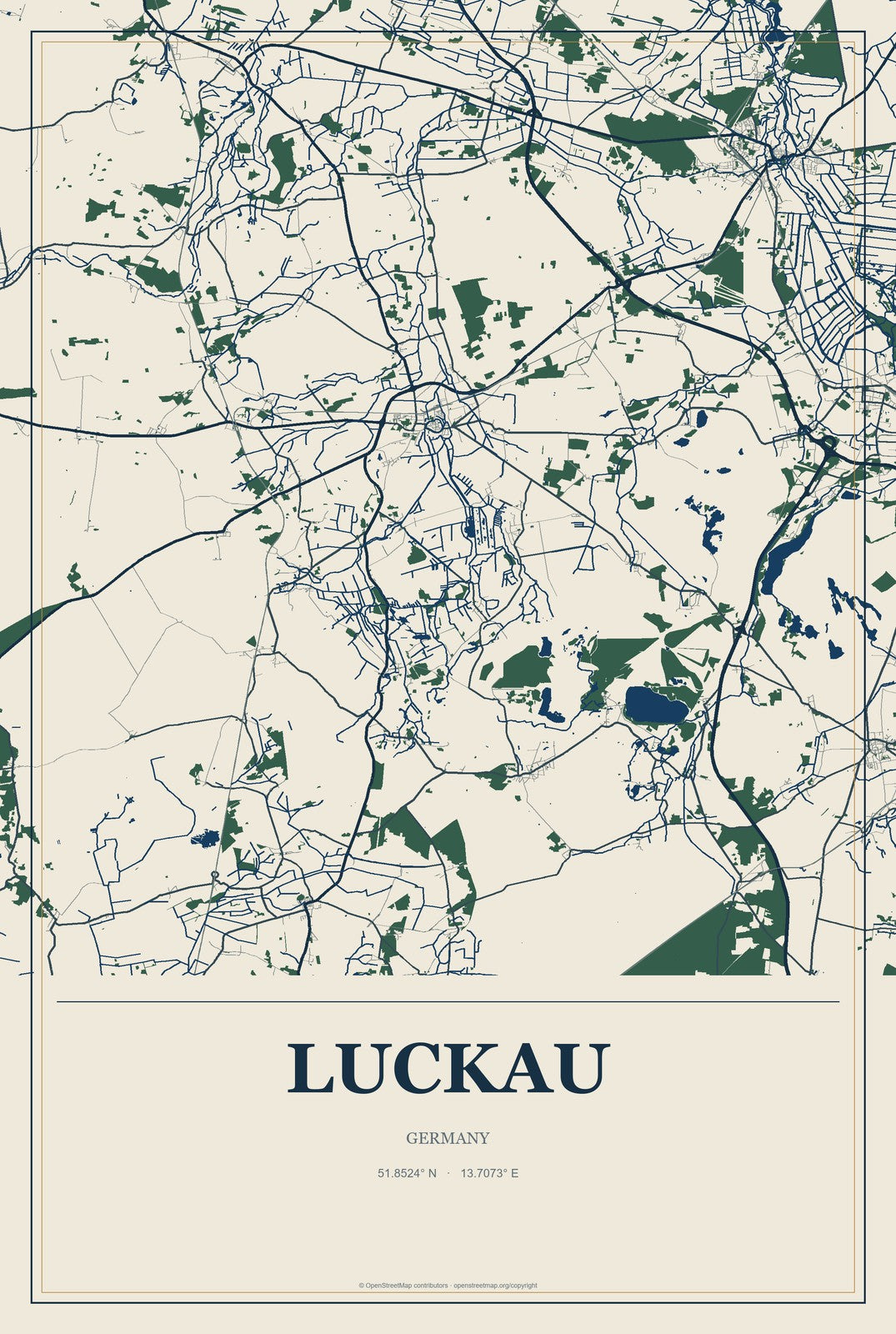 Luckau, Germany City Map Aluminum Sign in Coastal Cutout style