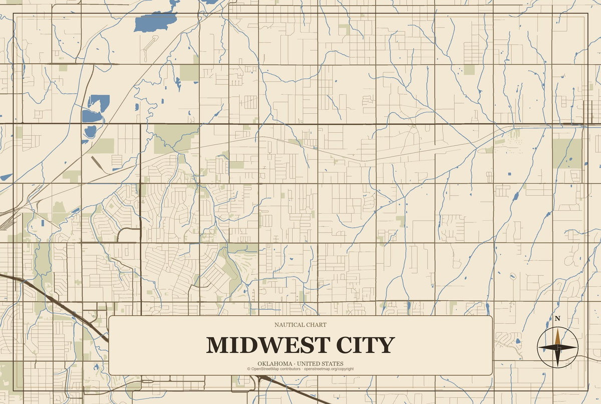 Midwest City, Oklahoma City Map Aluminum Sign in Heritage Nautical style